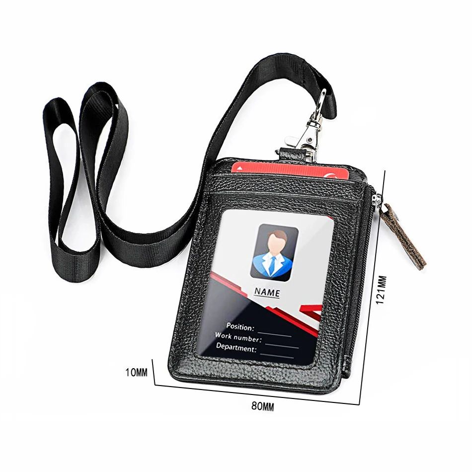 Porte-badge en cuir véritable avec lanière, nom d'entreprise, porte-étiquette de travail, d'identité du personnel, couverture de carte de crédit, porte-carte RFID, sac à main, poudres à fermeture éclair