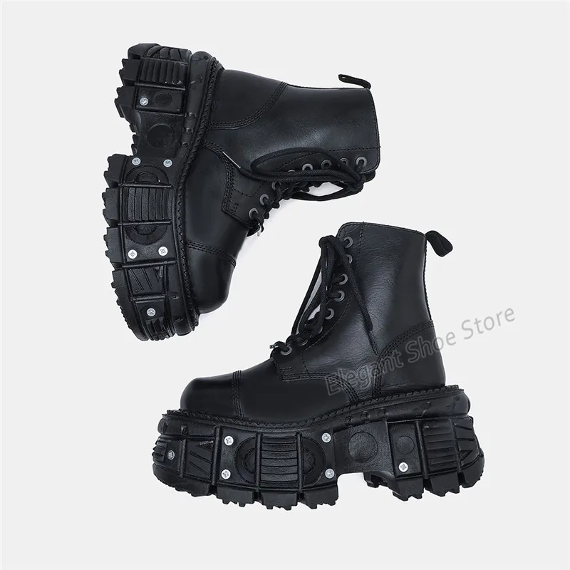 Stivali da moto con suola spessa da donna stivali corti con lacci neri con plateau e punta tonda autunno inverno nuove scarpe da uomo all'aperto in stile Punk