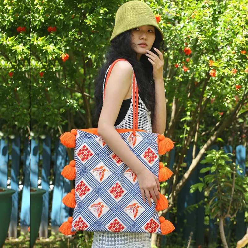 New Color Blocking Tassel Canvas Women's Bag Fashion Chinese Style Printed Shopping Bag Tote Bag