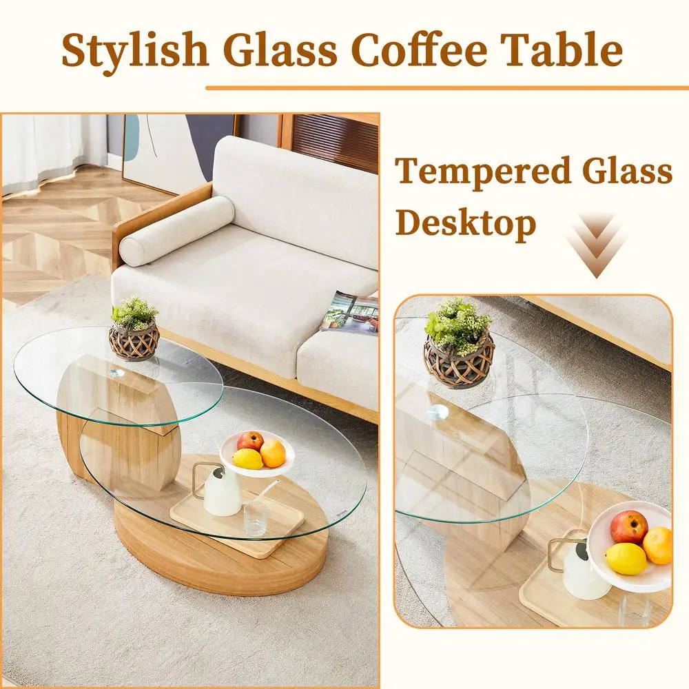Table basse ovale moderne en verre trempé à grain de bois clair, Double couche avec pieds stables et coussinets antidérapants, plusieurs couleurs