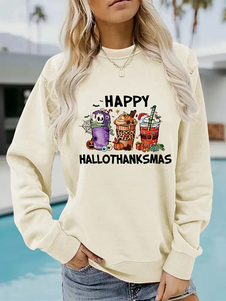 

BKLD Autumn And Winter Long Sleeve Tops Round Neck Fashion HAPPY HALLOTHANKSMAS Printed Pullover Sweatshirt Women Clothing
