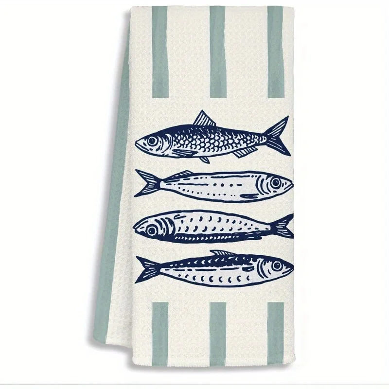 1pc Sardine & Sage Green Stripe Printed Kitchen Towel,Soft A
