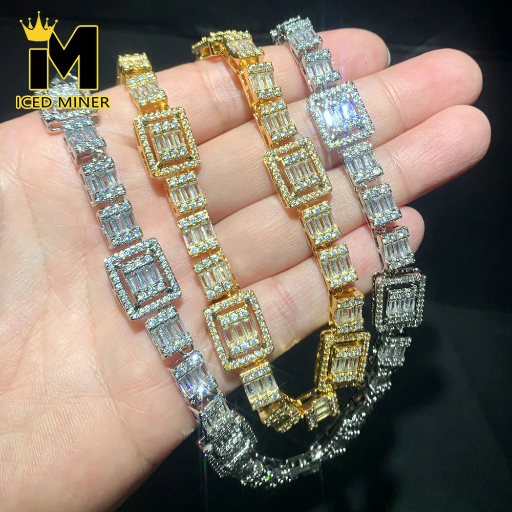 Icedminer 12mm Baguettes Iced Out Link Chain Necklaces Men Women Bling Zircon Hip Hop Jewelry Free Shipping