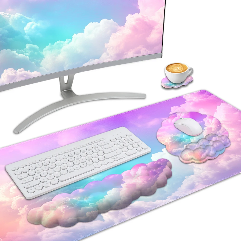 Blue and Pink Cloud Mouse Pad Wrist Pad Four-Piece Set -The mouse pad relieve wrist pain, soft and comfortable