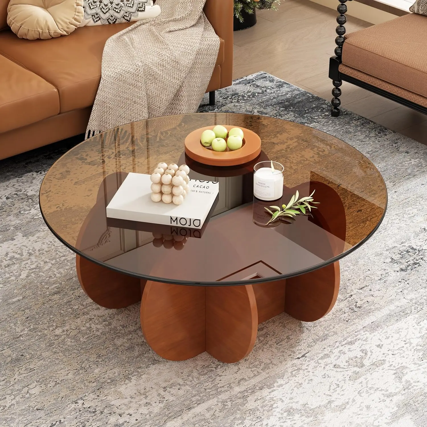 31.5" Mid-Century Modern Round Coffee Table - Tempered Glass Top with Sturdy Wood-Inspired Base,  (Brown+Browm)