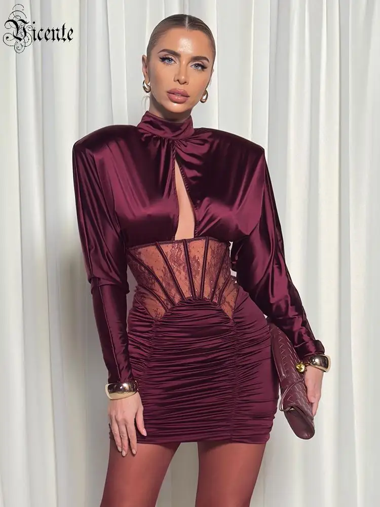 VC Elegant Burgundy Satin Mini Dress with Lace Corset Detail Long Sleeve High Neck Ruched Party Dress for Evening Events & Prom