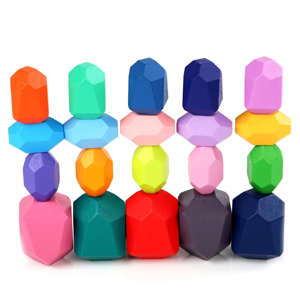 BAAA-Children Wooden Colored Stone Blocks Building Block Educational Toy Nordic Style Stacking Block Game Rainbow Wooden Toy
