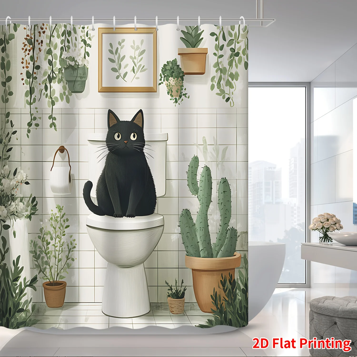 

Занавеска для душа с черным котом на унитазе, водонепроницаемая, легко чистится, защита от посторонних глаз, принт с милым дизайном домашних животных и зелеными растениями, быстрая установка