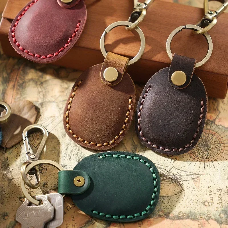 Laser Custom LOGO Genuine Crazy Horse Leather Keychain Case for Air Tag Door Card Keyring Personalize Vintage Dermis Key Chain