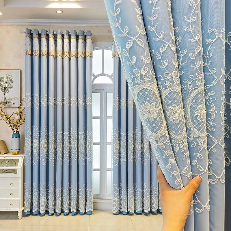 Blue Embroidered Sheer + Blackout Curtain Floral Lace Window Drapes for Living Room Bedroom, Thermal Insulated Light Blocking