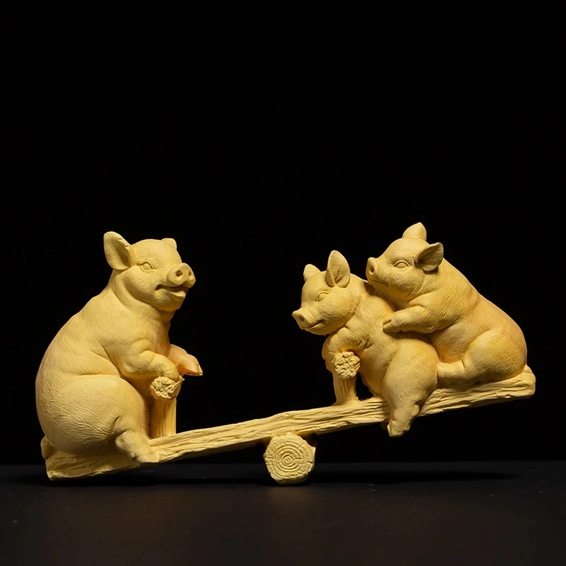 Boxwood 15cm Piggy Sculpture Lucky Wood Animal Statue Three Pigs Playing on Seesaw Home Decor