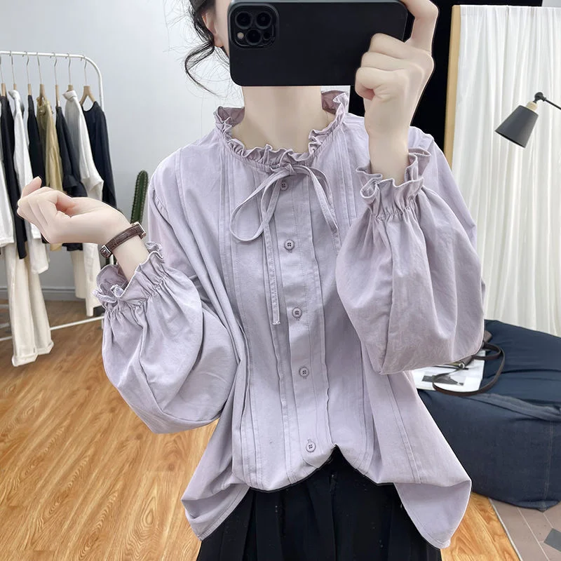 

2026 New Spring Lotus Leaf Collar with Cotton Lotus Leaf Sleeve Long Sleeve Shirt Women's Fashion Elegant Shirt Blouse