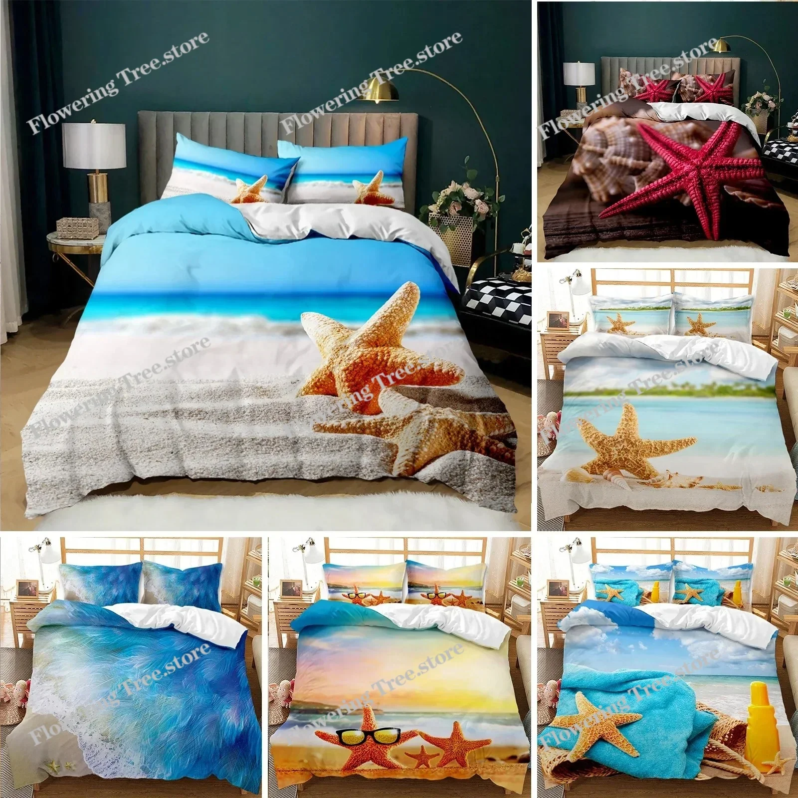 Beach Themed Bedding Set Blue Ocean Duvet Cover Set Starfish Coastal Bedding Beach QueenKingFull Polyester Comforter Cover