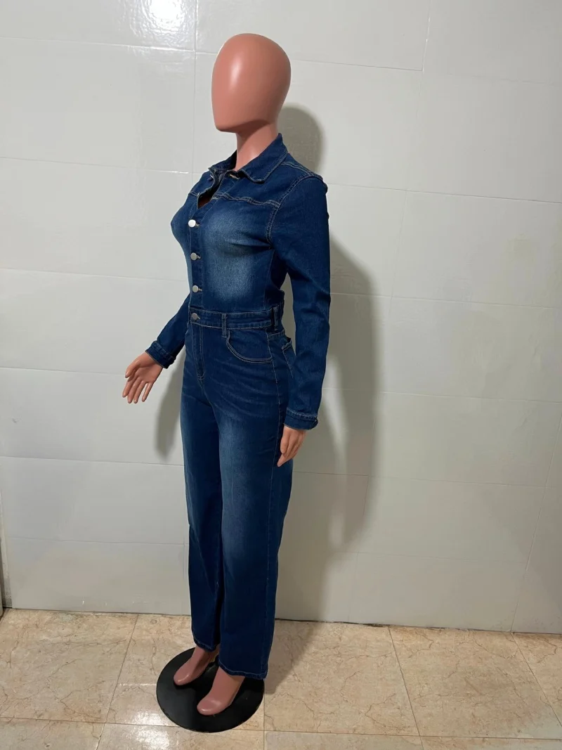 Tute di jeans vintage Abiti primaverili Donna Maniche lunghe Collo con risvolto Jeans dritti Pagliaccetti Tute Tute intere Tuta intera