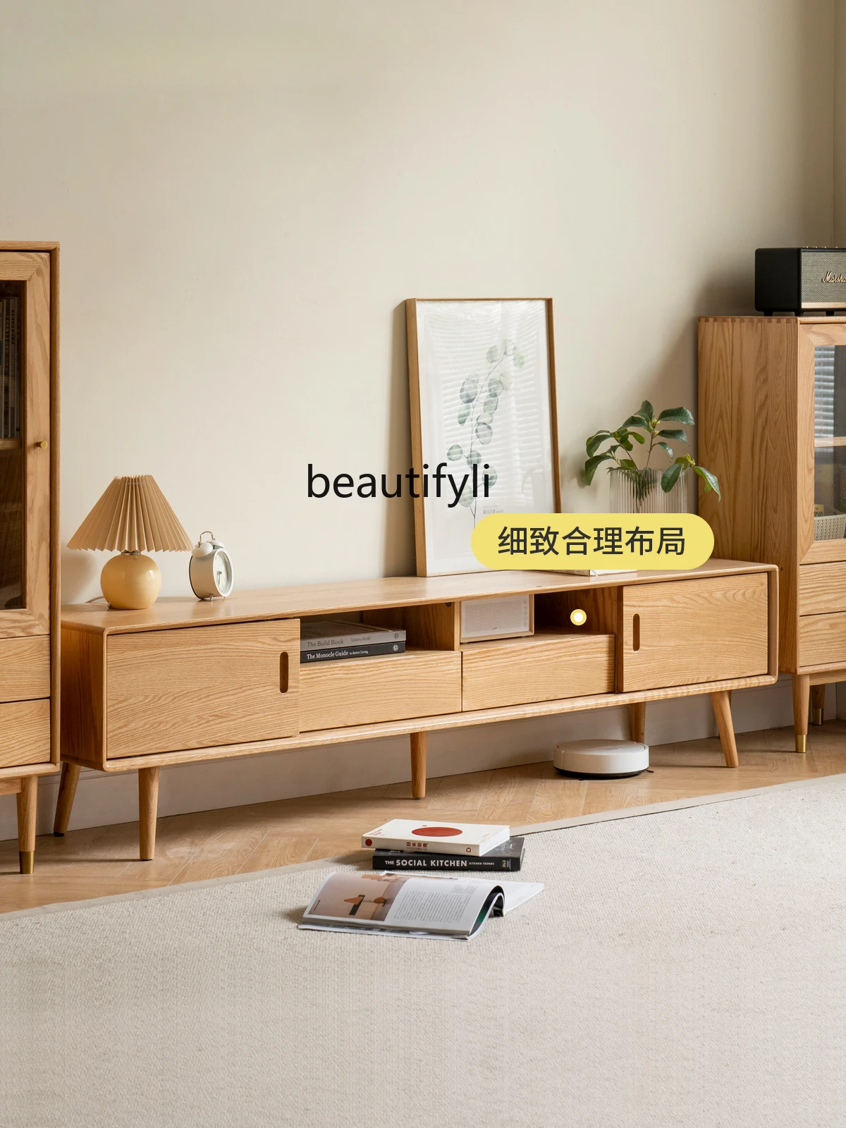 Solid Wood TV Cabinet Nordic Household Log Floor Cabinet Modern Minimalist Oak TV Stand