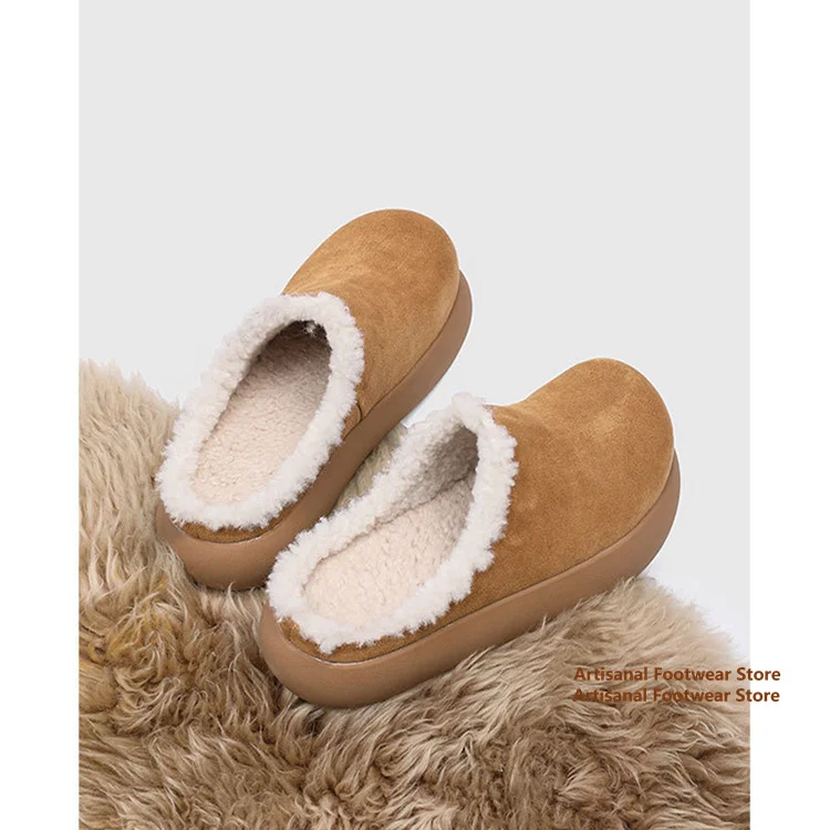 Warm Plush Faux Fur Lined Suede Mules Slippers White Round Toe Slip On Winter Casual Flats Anti-Slip Outdoor Men's Shoes