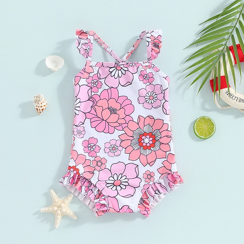 

Tregren Toddler Baby Girls Swimsuit Floral Print Straps Beachwear Sleeveless Ruffles Infant Swimwear Summer Beach Bathing Suits