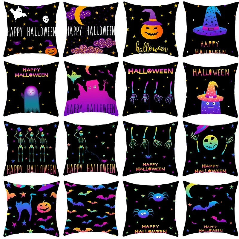 

45cm Halloween Black Pillowcase Ghost Party Pumpkin Bat Witch Pillow Cover Trick Or Treat Happy Halloween Party Decor Home