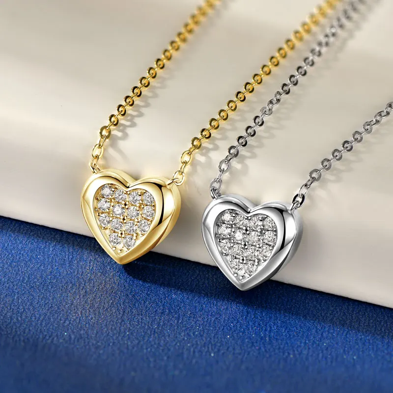 IOGOU Heart Shape Pendant Necklace Inlaid 1.5mm 0.21ct Moissanite Diamond Real Silver Chain 925 for Women Engagement Love Gift