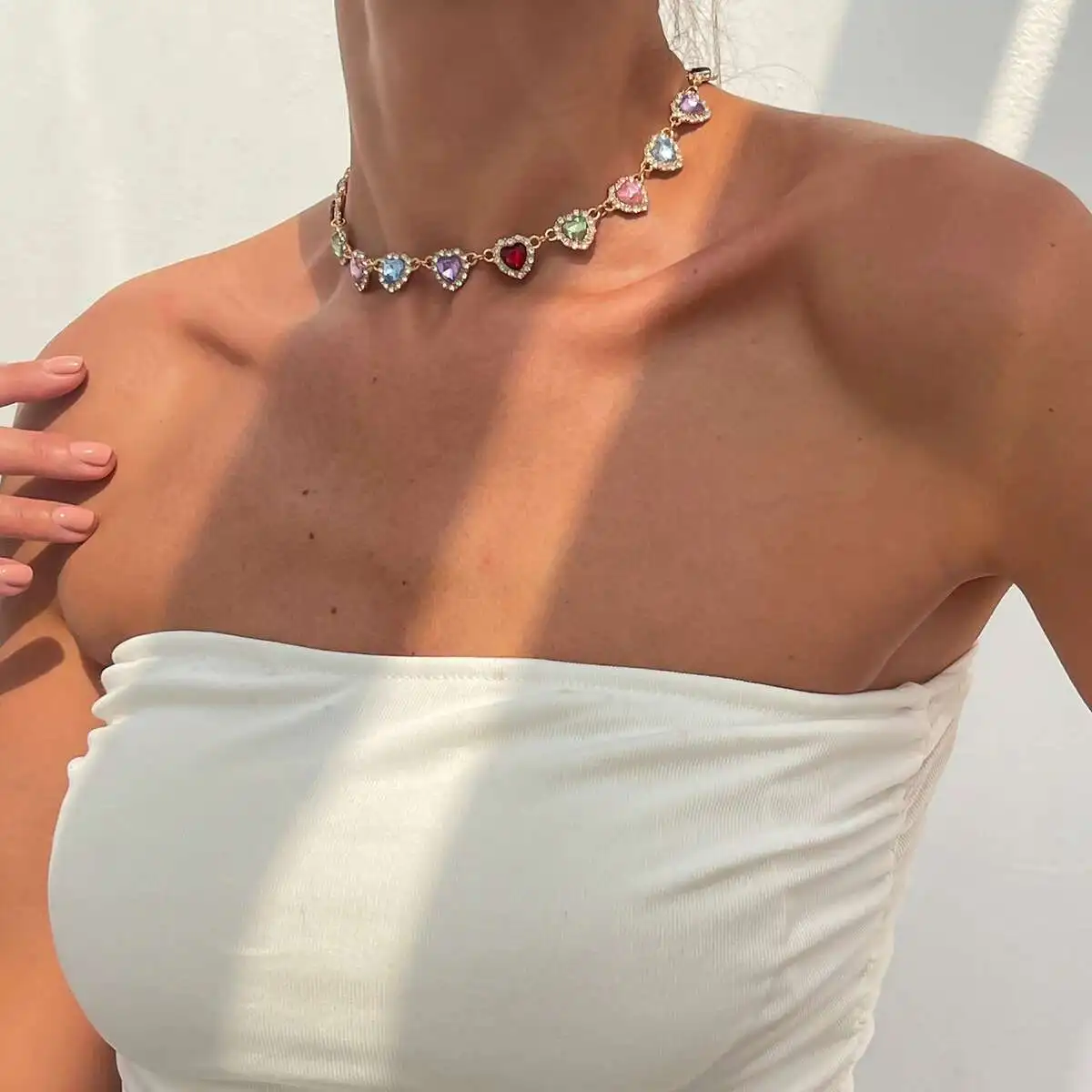 IngeSight.Z رائعة فاخرة الحب القلب القلائد النساء الإبداعية الملونة حجر الراين المختنق الهيب هوب لامعة الترقوة سلسلة مجوهرات #2