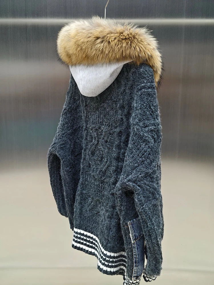 2025 Women Winter Luxury Real Raccoon Fur Collar Hoodie Knitting Thick Denim Cloth Joint Sweater Hooded Zipper Coat
