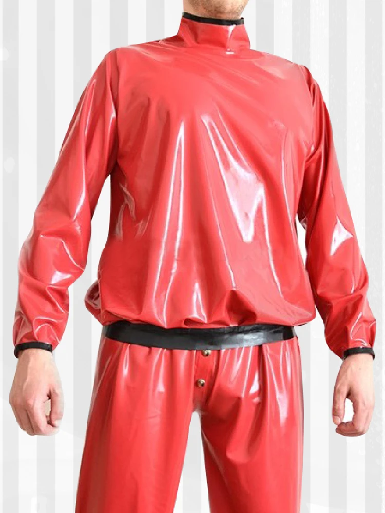 Rot Und Schwarz Sexy Latex Pyjamas Mit Langen Ärmeln Hohe Kragen Lose Gummi Top Sweatshirts Nachthemd YF-0426