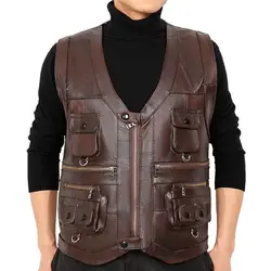 2025 Cowhide Genuine Leather Man Vest Waistcoat Male clothing Jacket Thick Motorcycle Multi Pocket leather biker Men safety vest