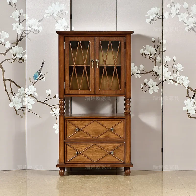 for American Solid Wood Wine Cabinet Retro Glass Door High Rural Two Side Cabinets Living Room Wall Side Cabinet
