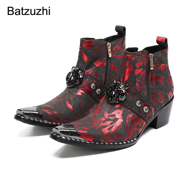 

Batzuzhi Fashion Rock Мужская обувь Серебристый металлический носок Черный Красный Дизайнерские кожаные ботильоны для мужчин Вечеринка, свадьба Botas Hombre