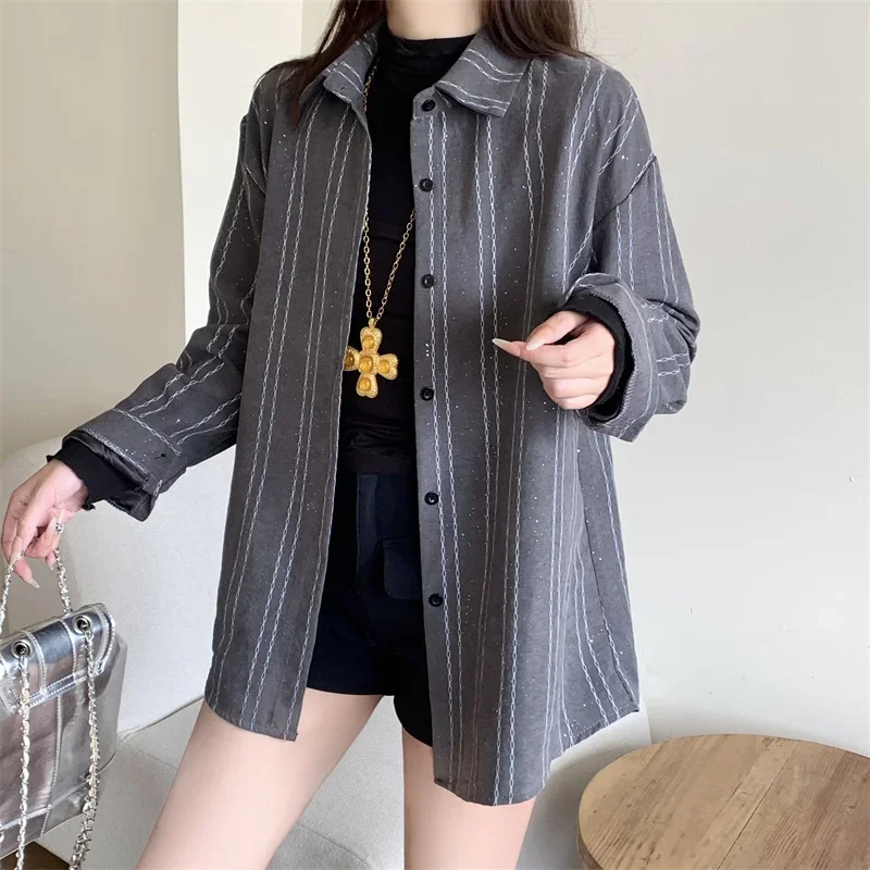 

Женские повседневные универсальные топы с цветными блоками, осенняя винтажная полосатая рубашка, женская свободная блузка на пуговицах с длинными рукавами в корейском стиле