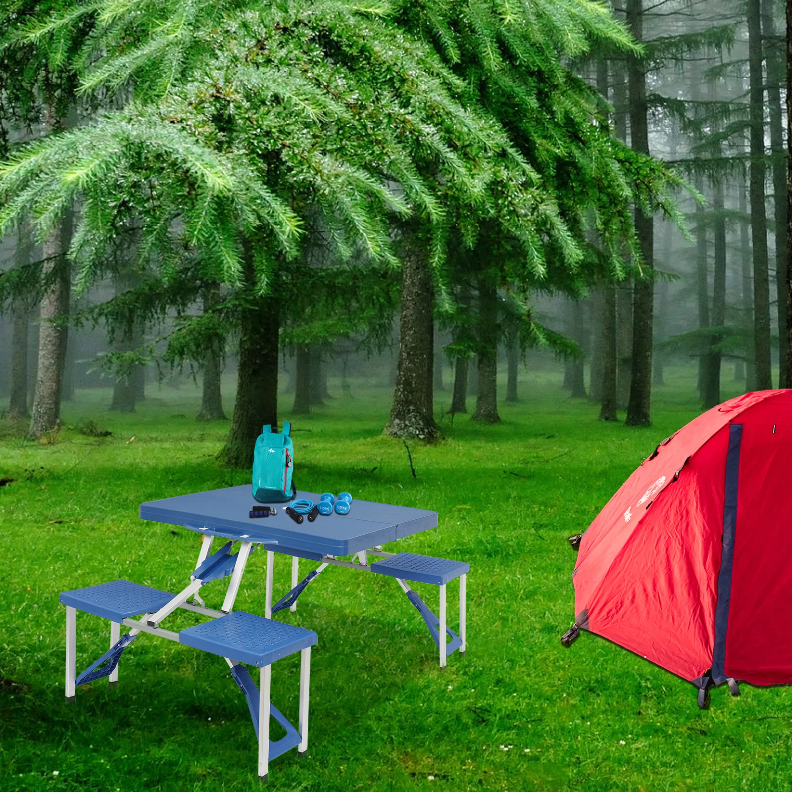 

Folding Camping Picnic Table with Seats/Umbrella Hole Lightweight and Fold Up Card Suitcase Table Aluminum Alloy Frame