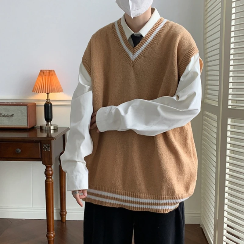 

Men's Trendy Japanese Retro V-Neck Pullover Vest College Style Loose Couple Korean Knit Waistcoat Casual Fashion