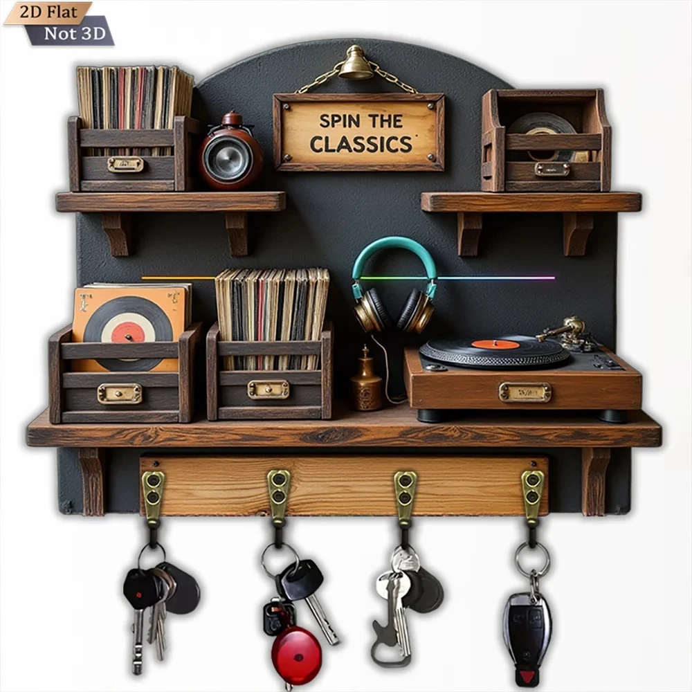 2D Flat, 1pc, Vintage Wooden Key Hook, Wooden Multifunctional Home Key Hook, with four metal hooks, wall decoration, porch