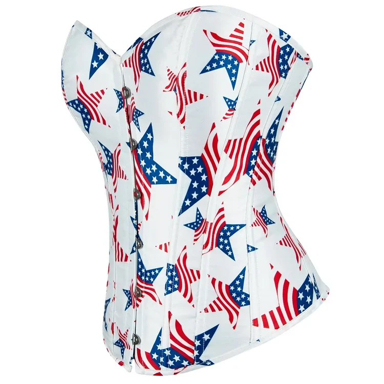 Women Satin Overbust Corset  Simple Elegant Brocade Bustier Independence Day American Elements Five Pointed Star Pattern corset