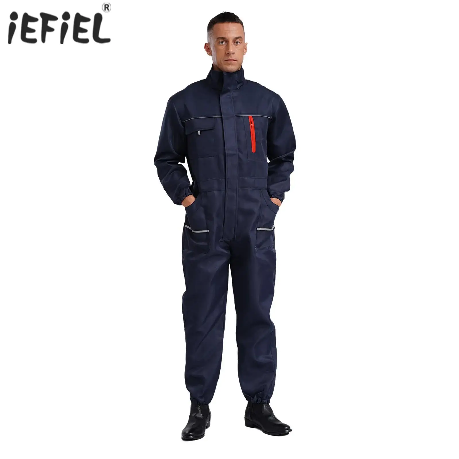 Unisex Adult Men Resistant Coveralls Costume Bodysuit Long Sleeve Multi-pockets Reflective Stripes Jumpsuit Workwear Uniforms