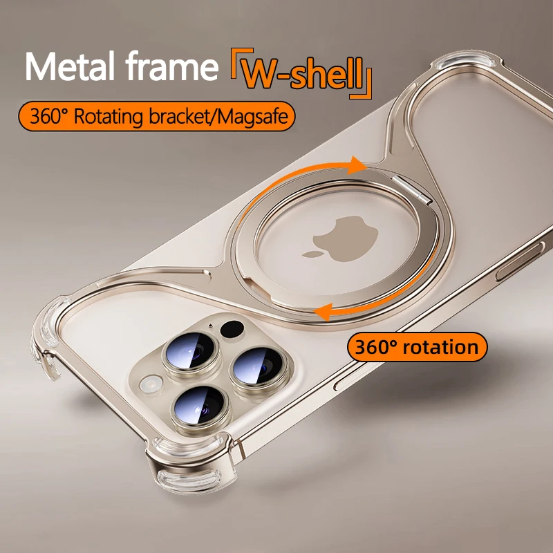 

W-Shaped Metal Magnetic Phone Case for iPhone 16 15 14 13 Pro Max Aluminum Alloy Frameless Magsafe 360° Bracket Shockproof Cover