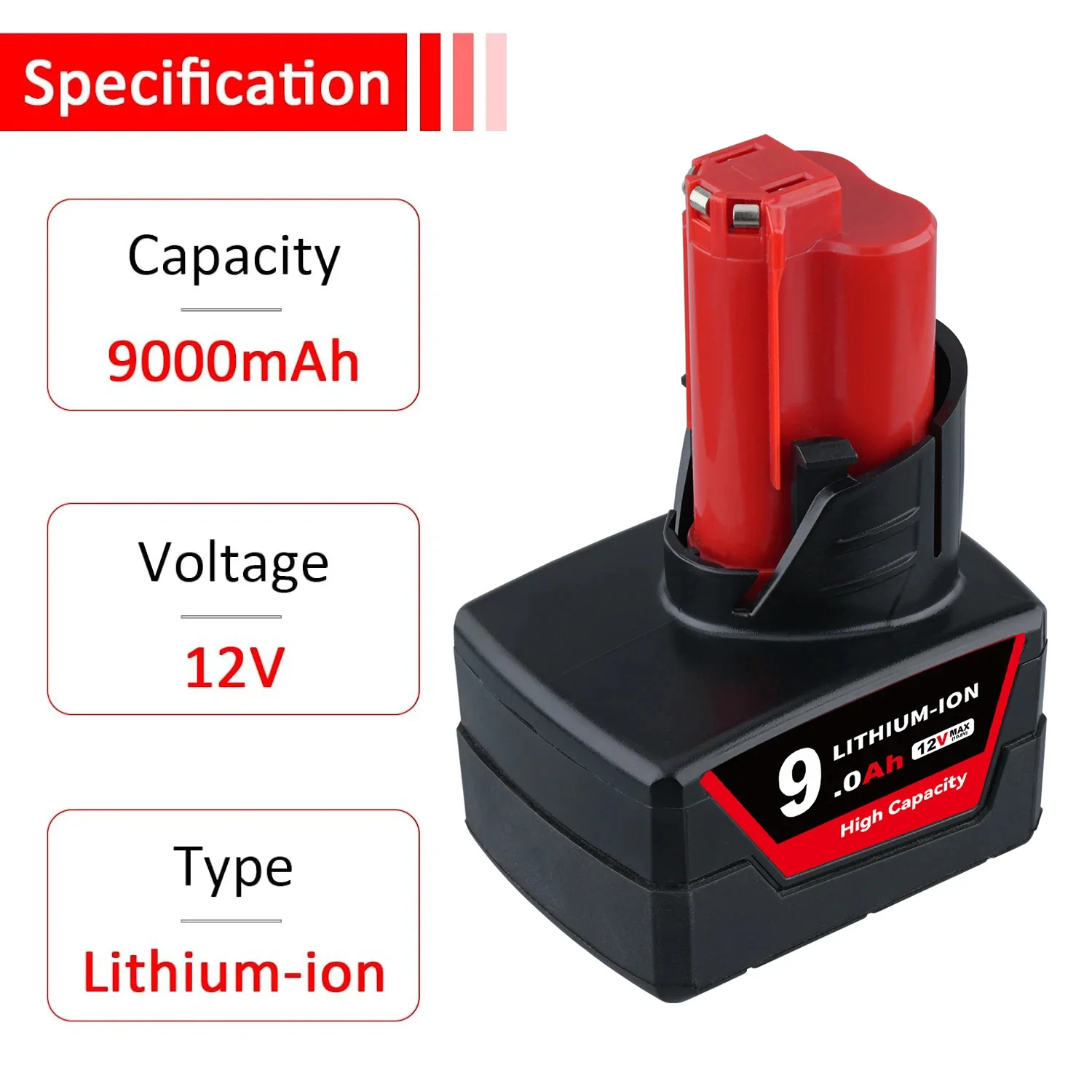 [1/2/4 balení] 9,0 Ah M12 Náhrada pro Milwaukee 12VOLT 48-11-2412 48-11-2402 48-11-2411 Akumulátorové elektrické nářadí Li-ion baterie Pin - náhled 2