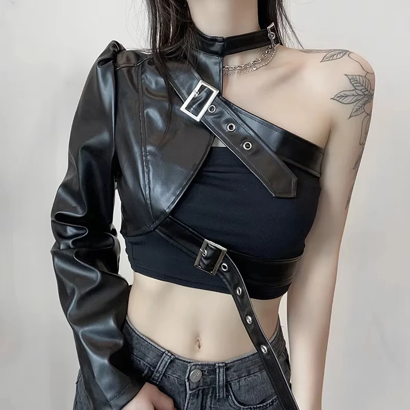 

Punk Style Single Long Sleeve Crop Top Women's Hanger Neck Leather Belt Cool Streetwear Jacket