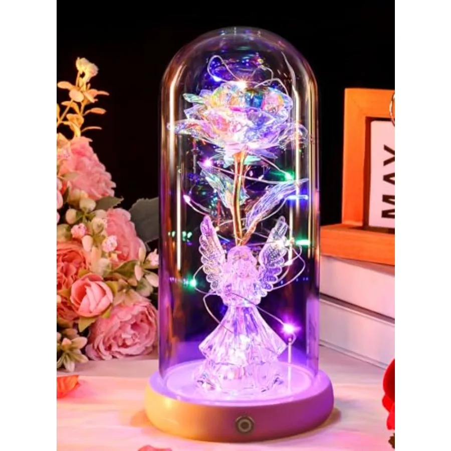 

Подарок на День матери или день рождения для мамы от дочери или сына: светящиеся цветы с ангелом в стеклянном куполе, USB-заряжаемые, с подсветкой, «Ангел для мамы».