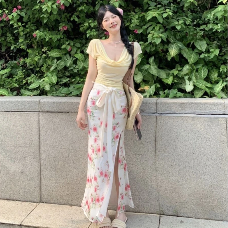 

2025 New 2 Pieces Fishtail Skirt Sets for Women Bottom Chic Elegant Formal Event Casual Cheap Clothing Full Woman Outfit Flowers