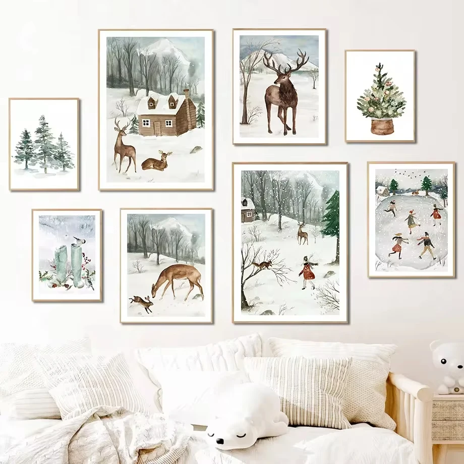 Deer Rabbit Bird Christmas Pine Tree Winter Wonderland Wall Art Canvas Painting Nordic Poster Prints Children's Room Decoration