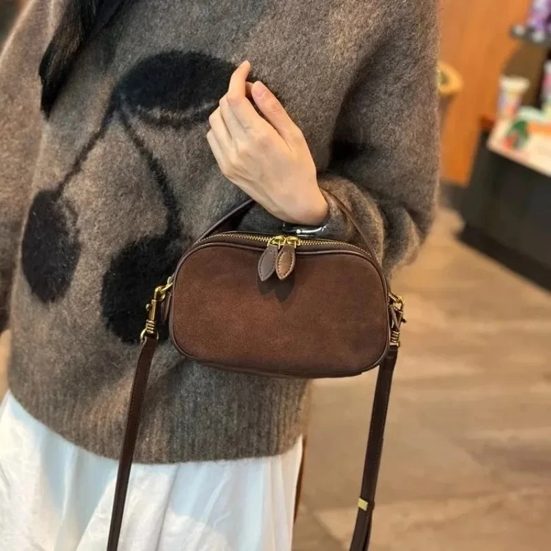 Genuine Cowhide Suede Leather Mini Shoulder Bag for Women, Retro Versatile Crossbody Bag Small Top Handle Purse Fashion Handbag