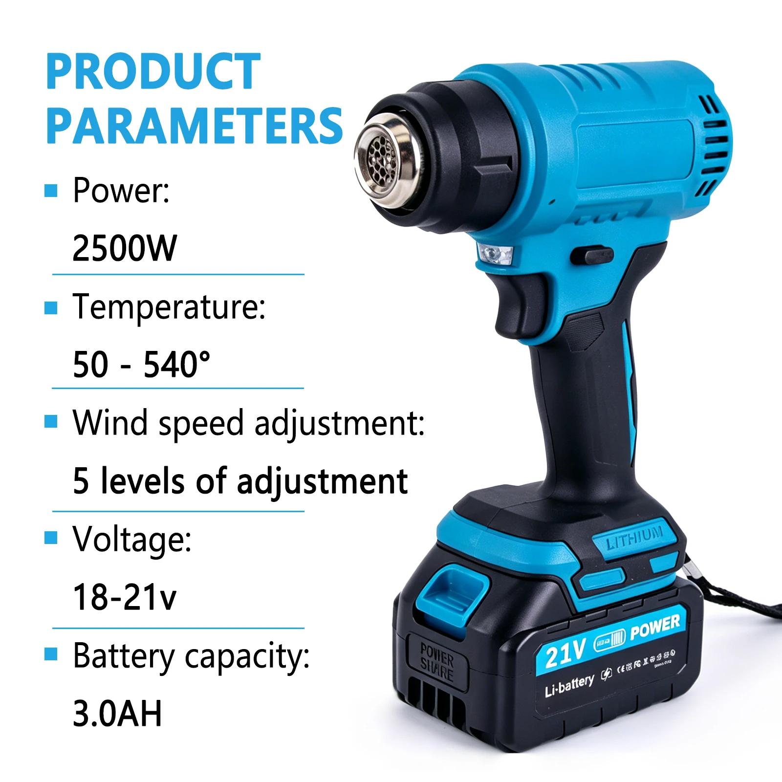 2500W Cordless Heat Gun Variable Temperature 50-540°C 5 Speed Wind for Paint Stripping Shrink Wrap For Makita 18V Battery Pin