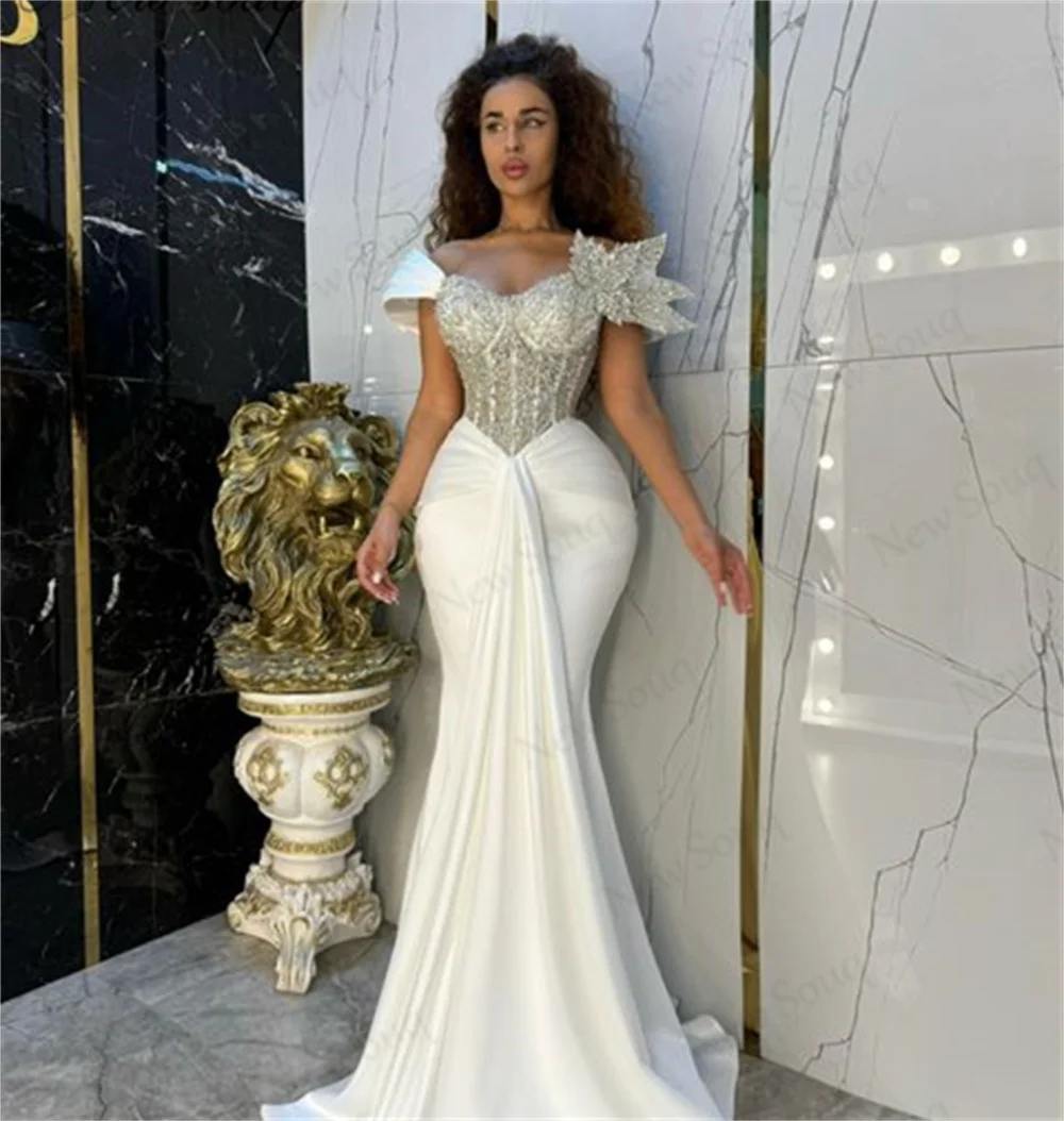 White Mermaid Evening Dresses Luxurios Off Shoulder Beaded Engagement Dress Birthday Party Dress Gowns Vestido Blanco Customized