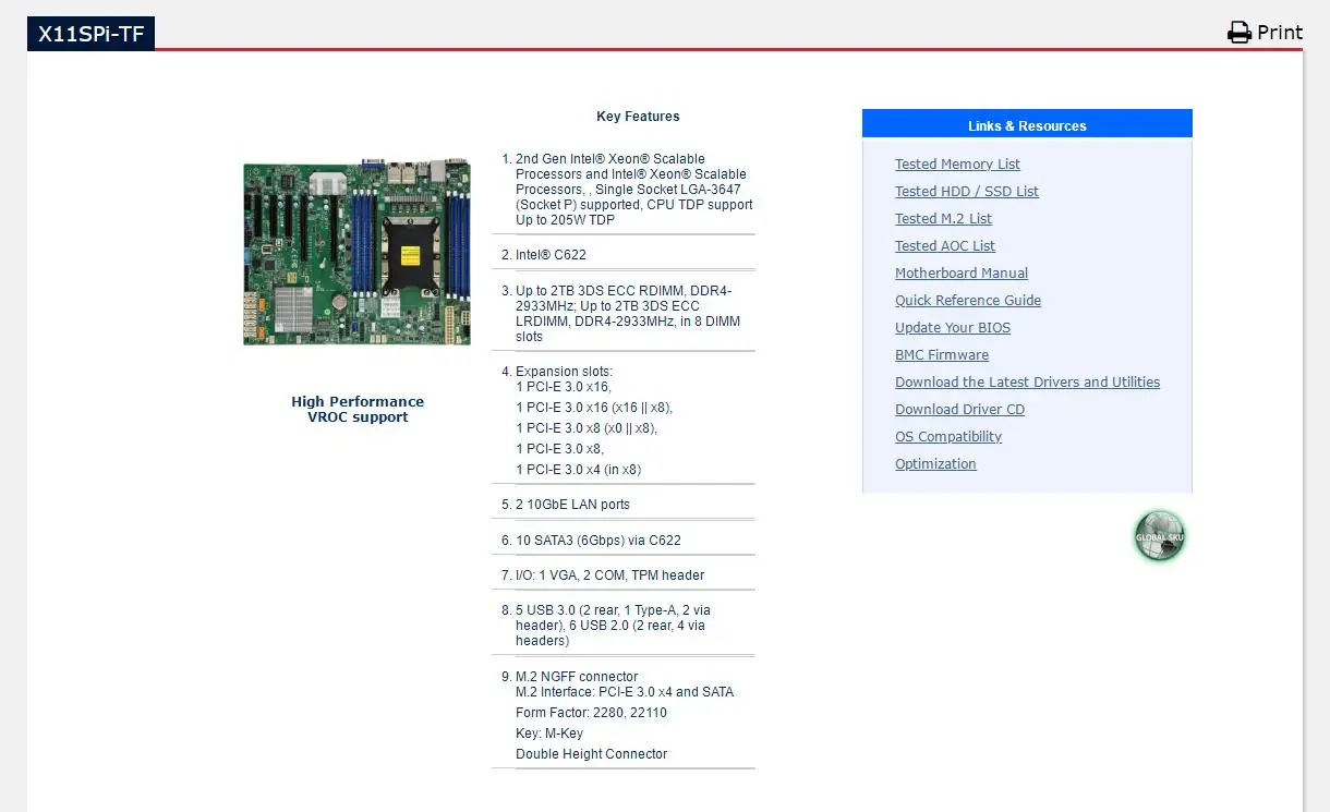 X11SPi-TF for Supermicro Single-channel Motherboard LGA3647 Dual 10G Ethernet Port C622 Chip M.2 IPMI