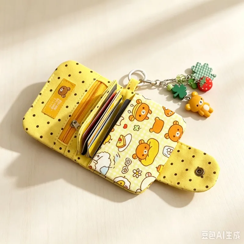 Korean Kawaii Bear Photocard Holder Canvas Yellow Polka Dot Foldable Card Wallet Student Idol Card Storage Organizer School Gift