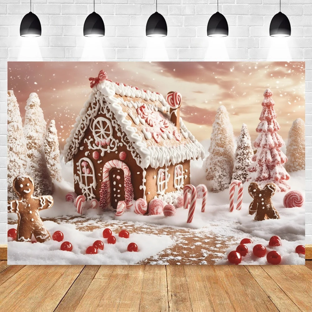 Christmas Gingerbread House Backdrop Photography Winter Snowy Candy House Decor Cake Smash Kids Portrait Photo Background Studio