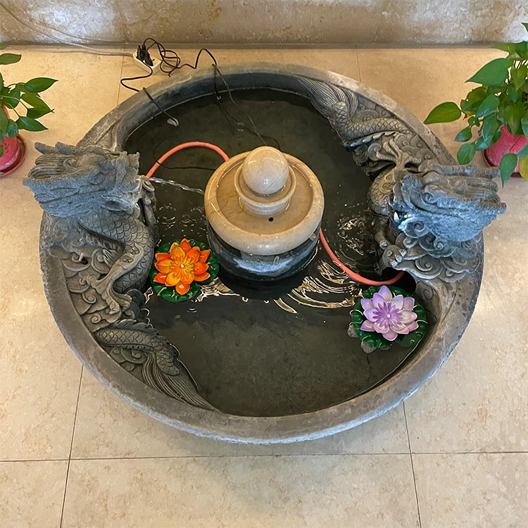 Chinese Antique Double Dragon Statue Carving Sculpture Flowing Water Feature Fountain With Ball  for Sale