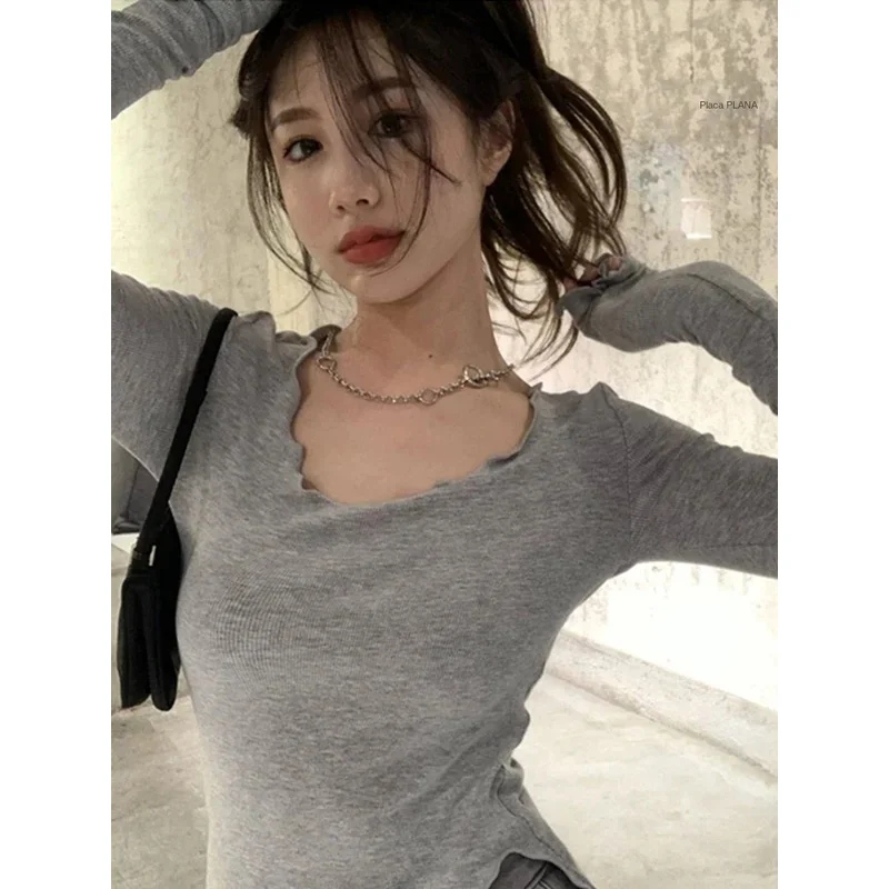 

Women's Long Sleeve T-shirts, Slim Fit Knitted T-shirts with Irregular Hem and Mushroom Line, Autumn Bottom T-shirts, Elegant