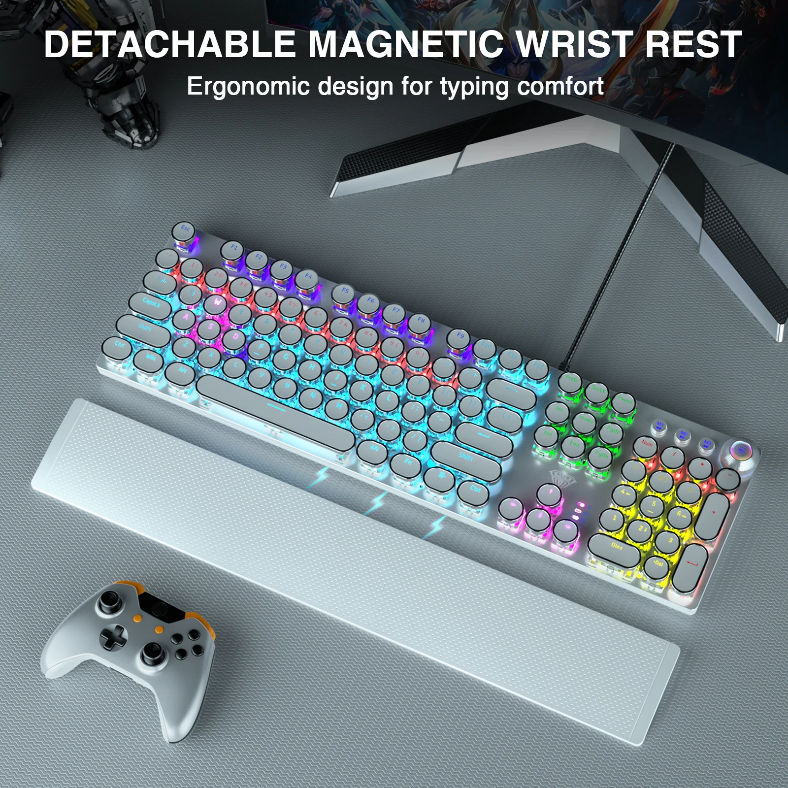 F2088 Mechanical Keyboard Round 104 keys Blue Mechanical Switch Gaming Keyboard RGB Backlit Ergonomic Design